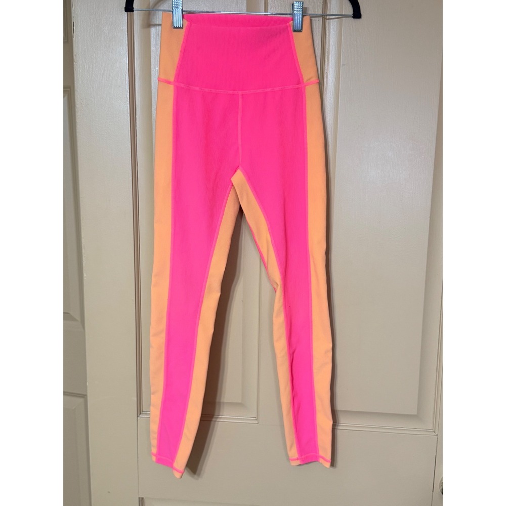 Wilo The Label Neon Pink Orange Colorblock Ribbed High Waisted Leggings XS
